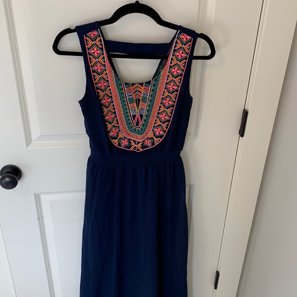 Maxi Dress, Navy, Embroidered